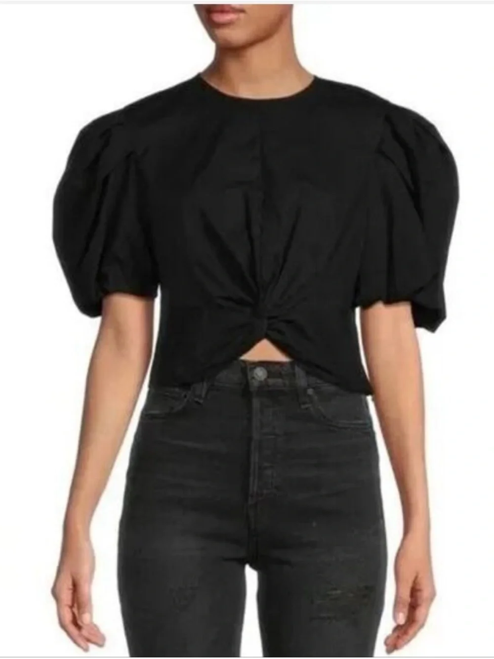 Vince Twist Knot Puff Sleeve Blouse Black Cropped Top XS $295